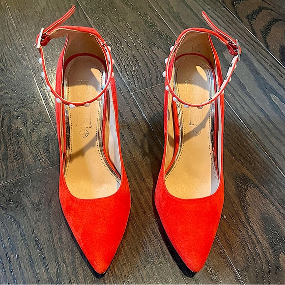 Nasty Gal Truffle Collection Red Pointed Toe Heels w/ Pearl Studded Ankle Straps - Picture 9 of 16